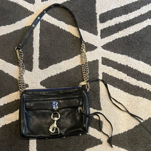 Rebecca Minkoff Monogram Mini Mac Black Leather blue polkadot lined bag - Picture 3 of 8